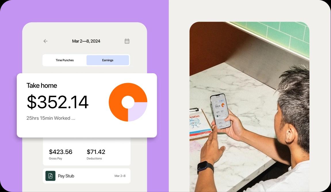 7shifts payroll software graphic beside a man looking at the 7shifts app on a phone.